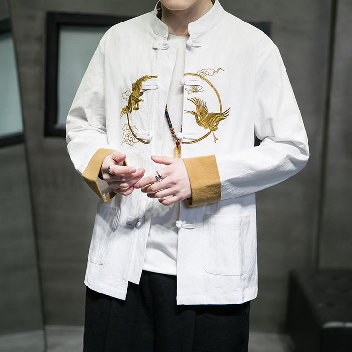 Buddha Stones Embroidered Cranes Auspicious Clouds Frog-Button Long Sleeve Cotton Linen Men's Shirt - image 6