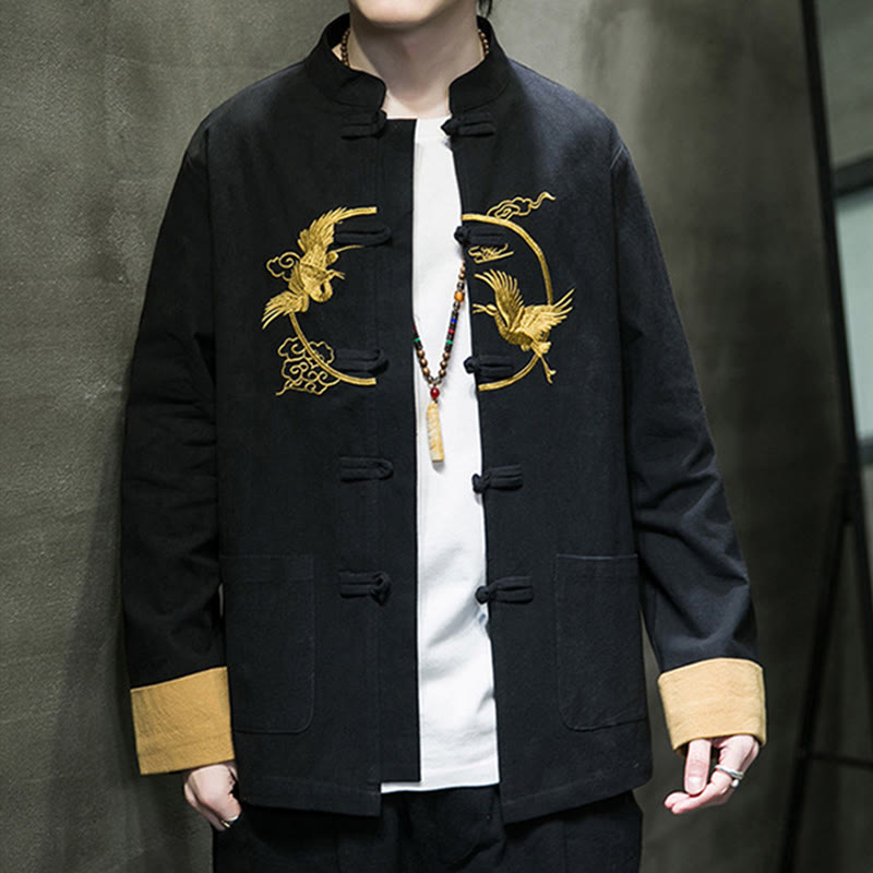 Buddha Stones Embroidered Cranes Auspicious Clouds Frog-Button Long Sleeve Cotton Linen Men's Shirt - image 16