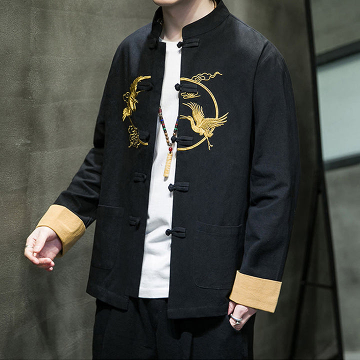 Buddha Stones Embroidered Cranes Auspicious Clouds Frog-Button Long Sleeve Cotton Linen Men's Shirt - image 15