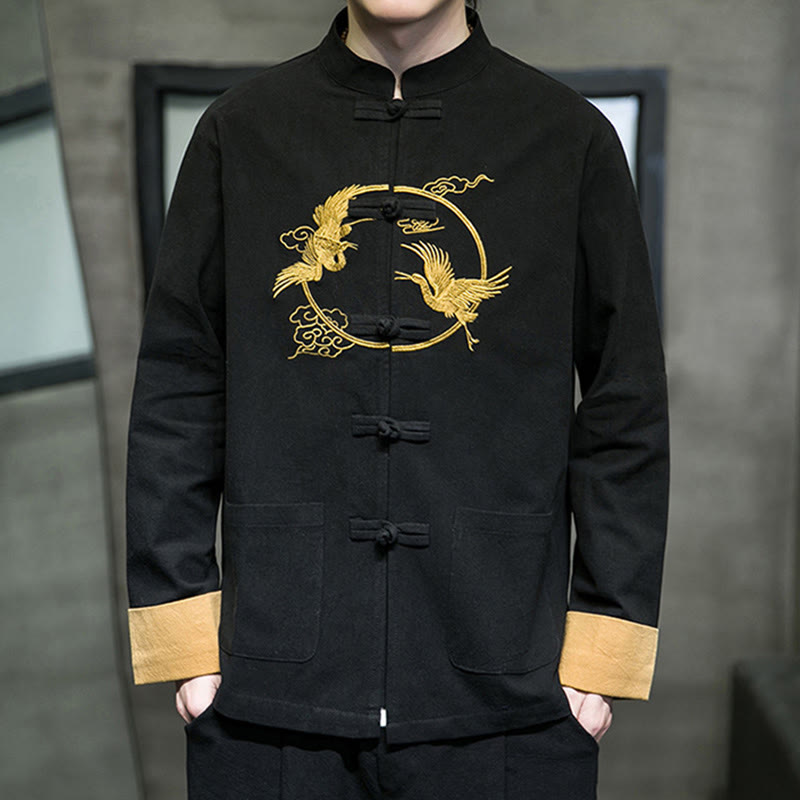 Buddha Stones Embroidered Cranes Auspicious Clouds Frog-Button Long Sleeve Cotton Linen Men's Shirt - image 20