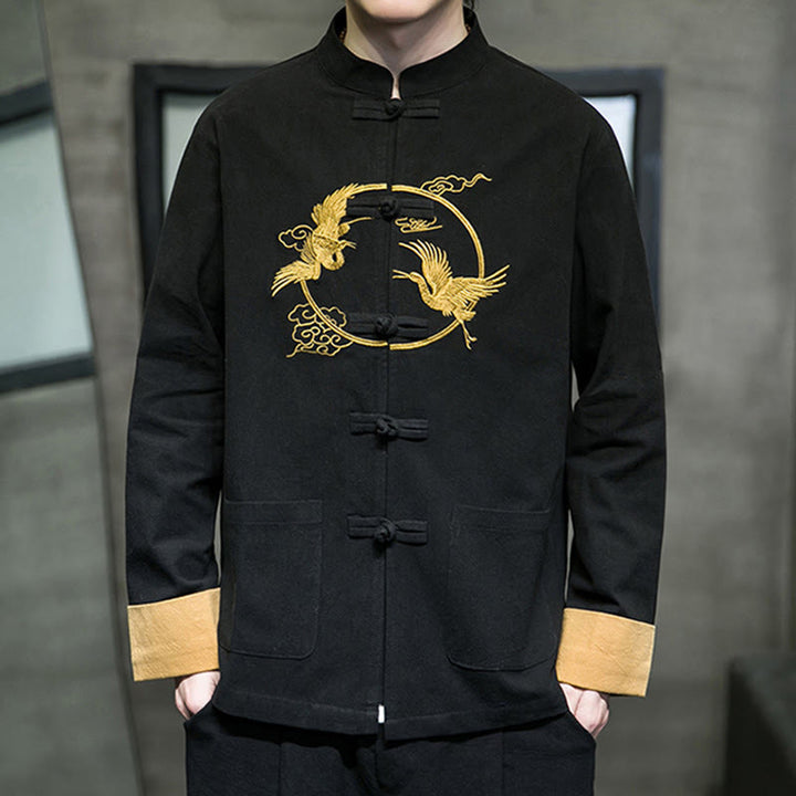 Buddha Stones Embroidered Cranes Auspicious Clouds Frog-Button Long Sleeve Cotton Linen Men's Shirt - image 20