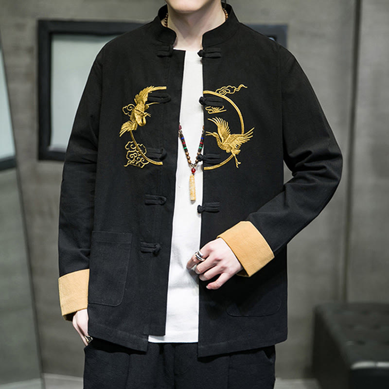 Buddha Stones Embroidered Cranes Auspicious Clouds Frog-Button Long Sleeve Cotton Linen Men's Shirt - image 17