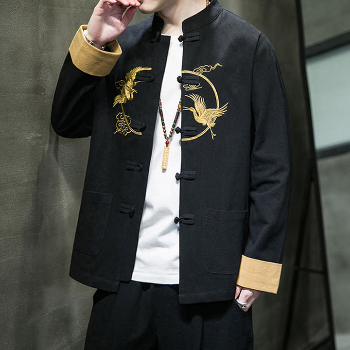 Buddha Stones Embroidered Cranes Auspicious Clouds Frog-Button Long Sleeve Cotton Linen Men's Shirt - image 19