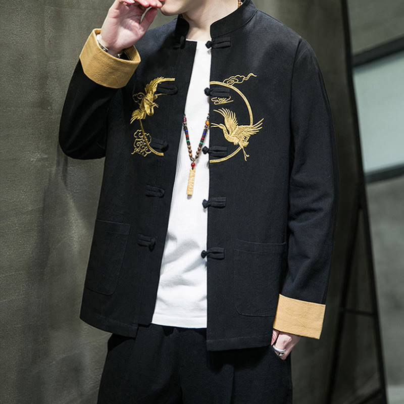 Buddha Stones Embroidered Cranes Auspicious Clouds Frog-Button Long Sleeve Cotton Linen Men's Shirt - image 19