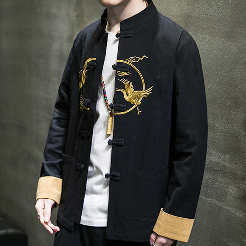 Buddha Stones Embroidered Cranes Auspicious Clouds Frog-Button Long Sleeve Cotton Linen Men's Shirt - image 18