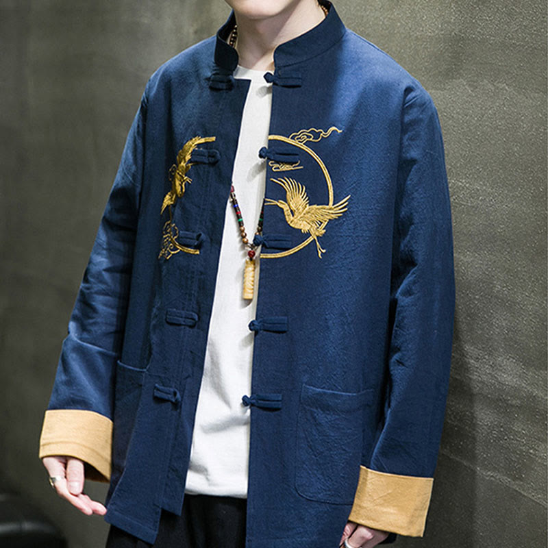 Buddha Stones Embroidered Cranes Auspicious Clouds Frog-Button Long Sleeve Cotton Linen Men's Shirt - image 23