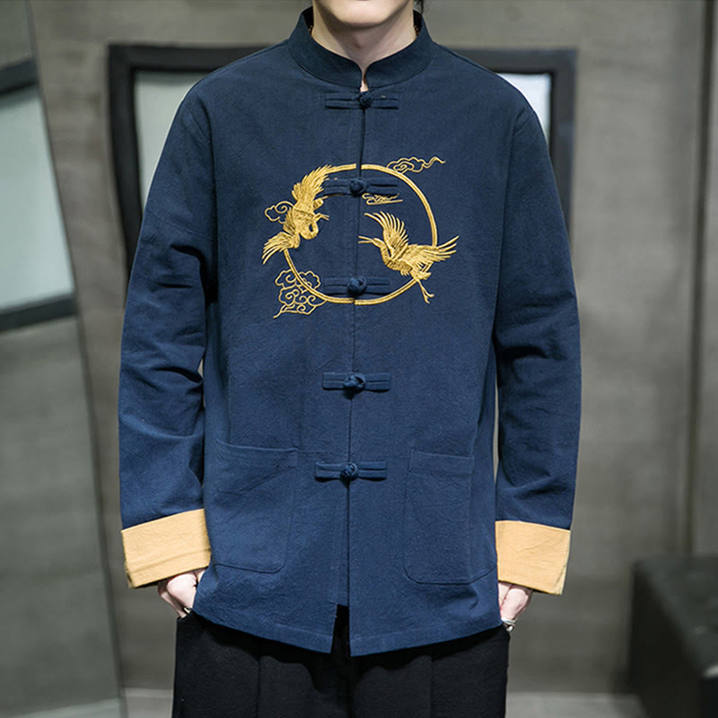 Buddha Stones Embroidered Cranes Auspicious Clouds Frog-Button Long Sleeve Cotton Linen Men's Shirt - image 25