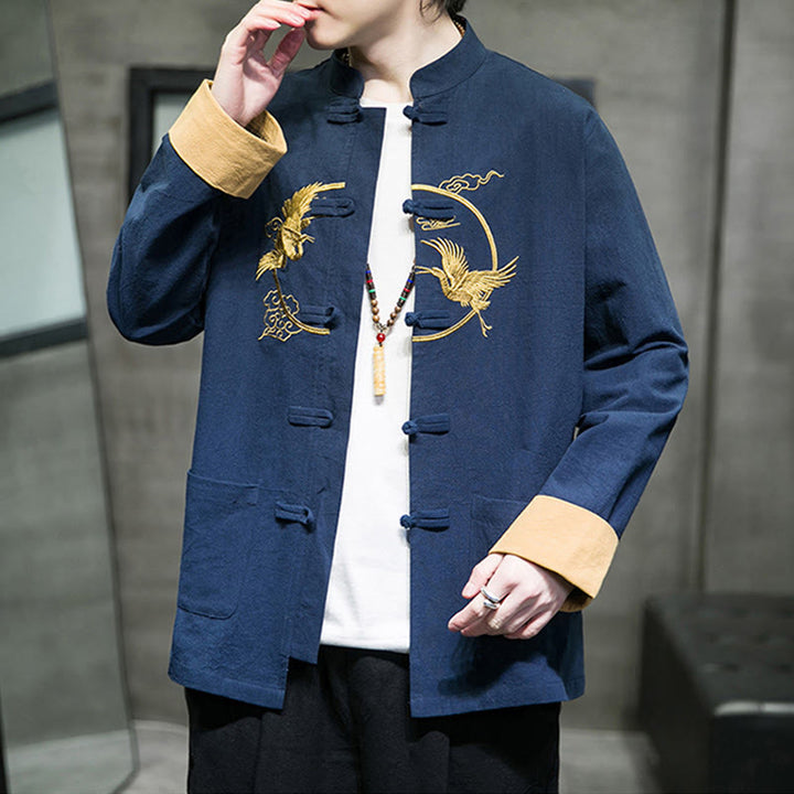 Buddha Stones Embroidered Cranes Auspicious Clouds Frog-Button Long Sleeve Cotton Linen Men's Shirt - image 22