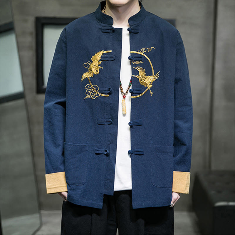 Buddha Stones Embroidered Cranes Auspicious Clouds Frog-Button Long Sleeve Cotton Linen Men's Shirt - image 26