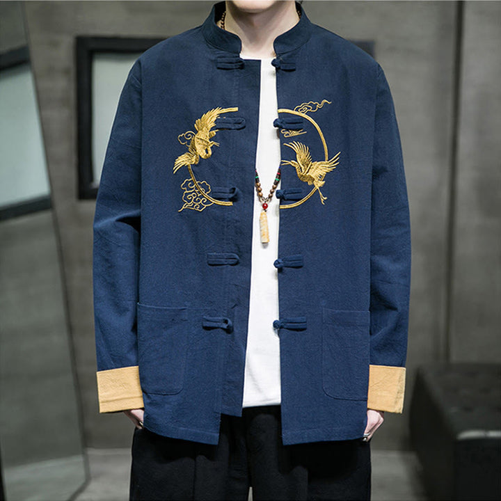 Buddha Stones Embroidered Cranes Auspicious Clouds Frog-Button Long Sleeve Cotton Linen Men's Shirt - image 26