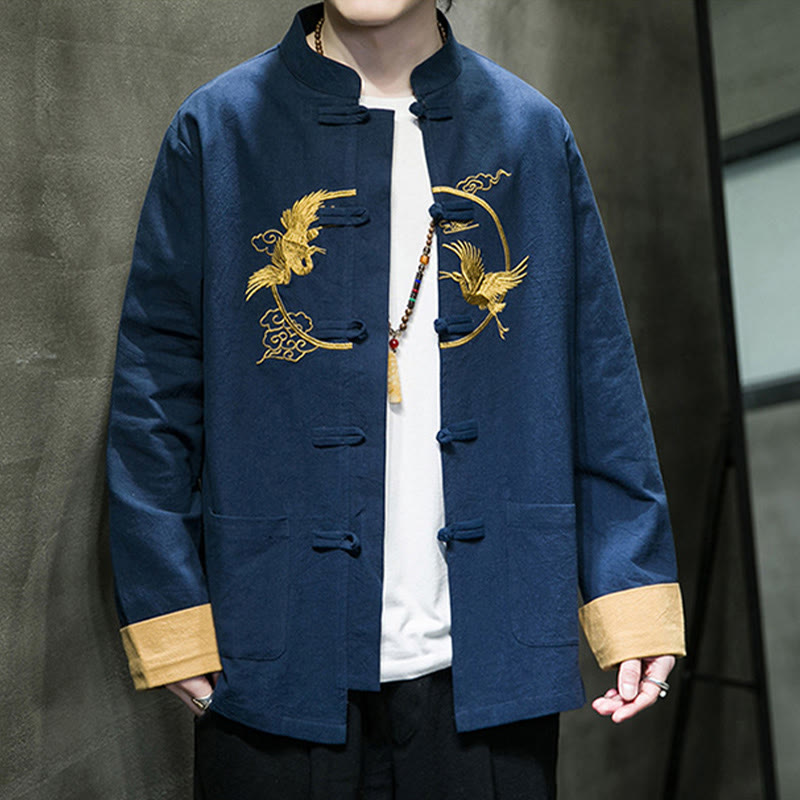 Buddha Stones Embroidered Cranes Auspicious Clouds Frog-Button Long Sleeve Cotton Linen Men's Shirt - image 28