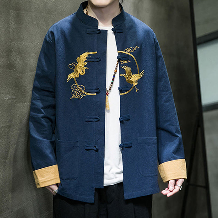 Buddha Stones Embroidered Cranes Auspicious Clouds Frog-Button Long Sleeve Cotton Linen Men's Shirt - image 28