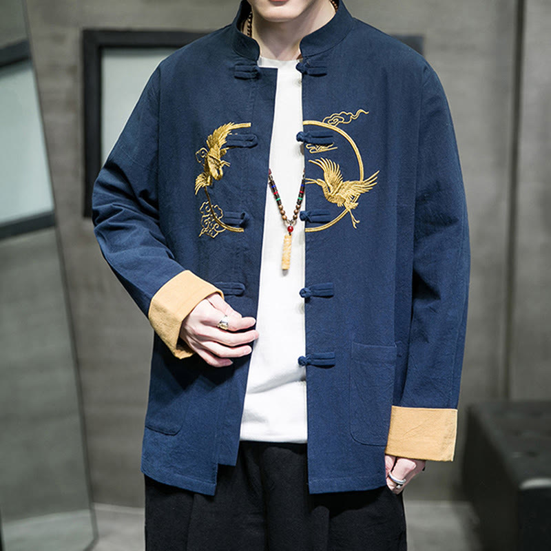 Buddha Stones Embroidered Cranes Auspicious Clouds Frog-Button Long Sleeve Cotton Linen Men's Shirt - image 27