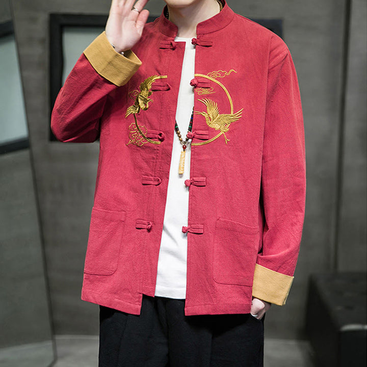 Buddha Stones Embroidered Cranes Auspicious Clouds Frog-Button Long Sleeve Cotton Linen Men's Shirt - image 33