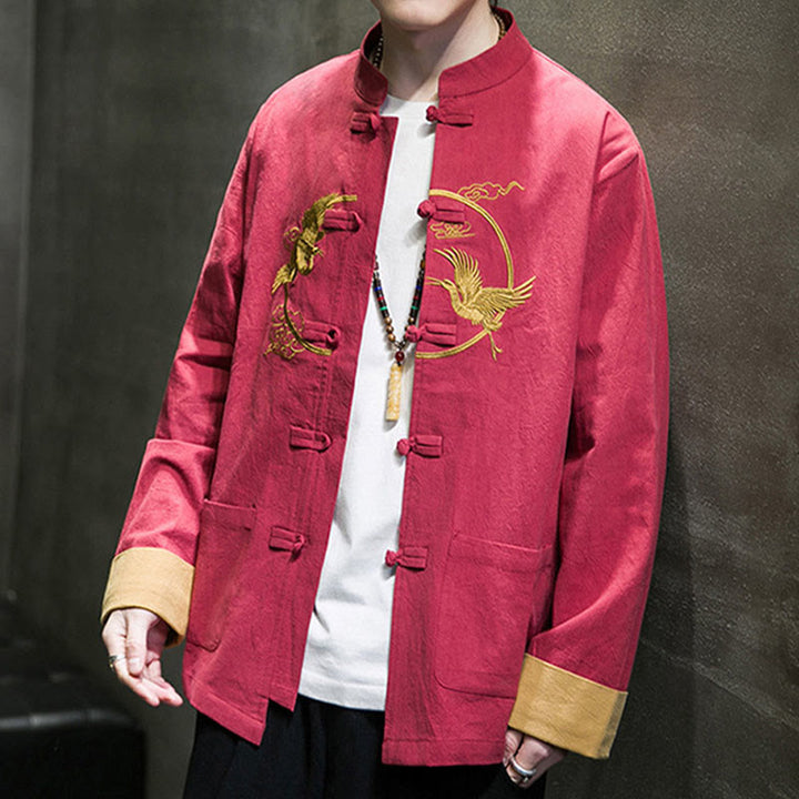 Buddha Stones Embroidered Cranes Auspicious Clouds Frog-Button Long Sleeve Cotton Linen Men's Shirt - image 34