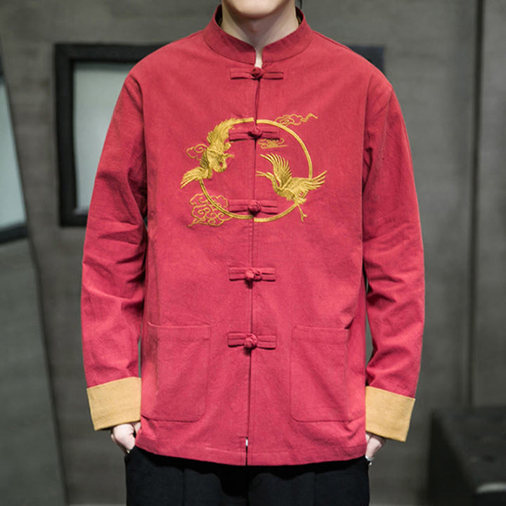 Buddha Stones Embroidered Cranes Auspicious Clouds Frog-Button Long Sleeve Cotton Linen Men's Shirt - image 31