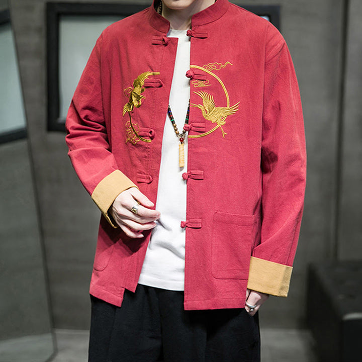 Buddha Stones Embroidered Cranes Auspicious Clouds Frog-Button Long Sleeve Cotton Linen Men's Shirt - image 30