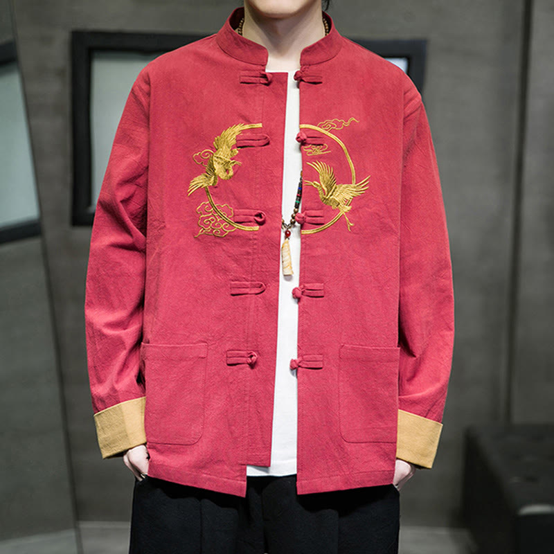 Buddha Stones Embroidered Cranes Auspicious Clouds Frog-Button Long Sleeve Cotton Linen Men's Shirt - image 35