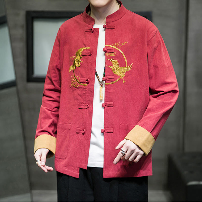 Buddha Stones Embroidered Cranes Auspicious Clouds Frog-Button Long Sleeve Cotton Linen Men's Shirt - image 36