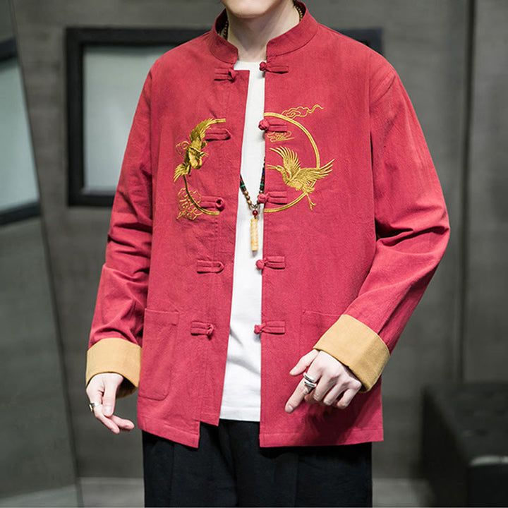 Buddha Stones Embroidered Cranes Auspicious Clouds Frog-Button Long Sleeve Cotton Linen Men's Shirt - image 36