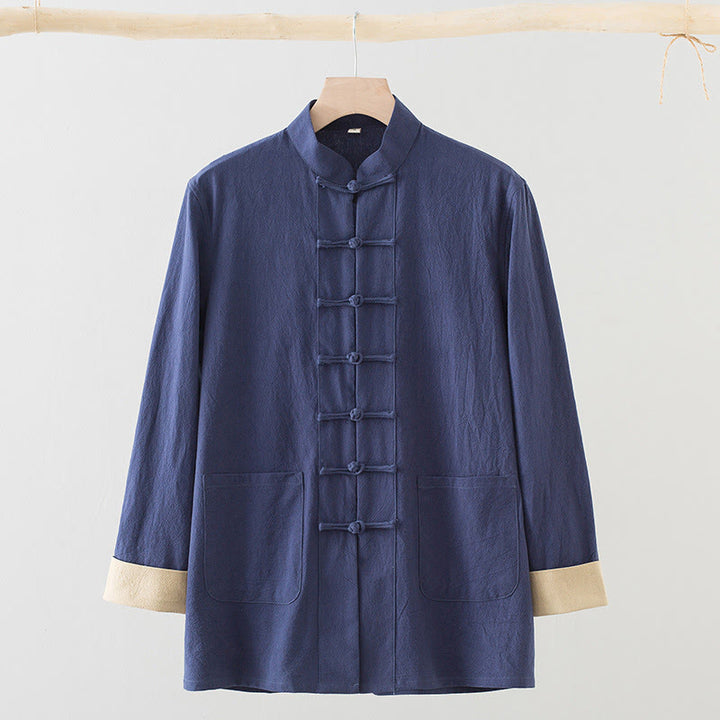 Buddha Stones Solid Long Sleeve Frog-Button Design Cotton Men's Shirt - image 1