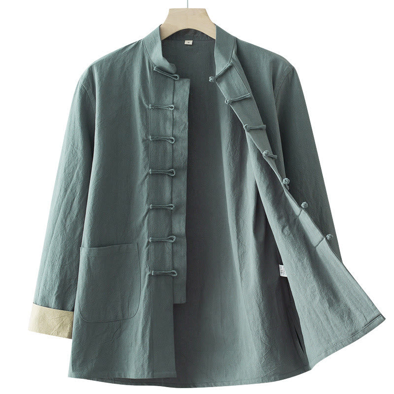 Buddha Stones Solid Long Sleeve Frog-Button Design Cotton Men's Shirt - image 3