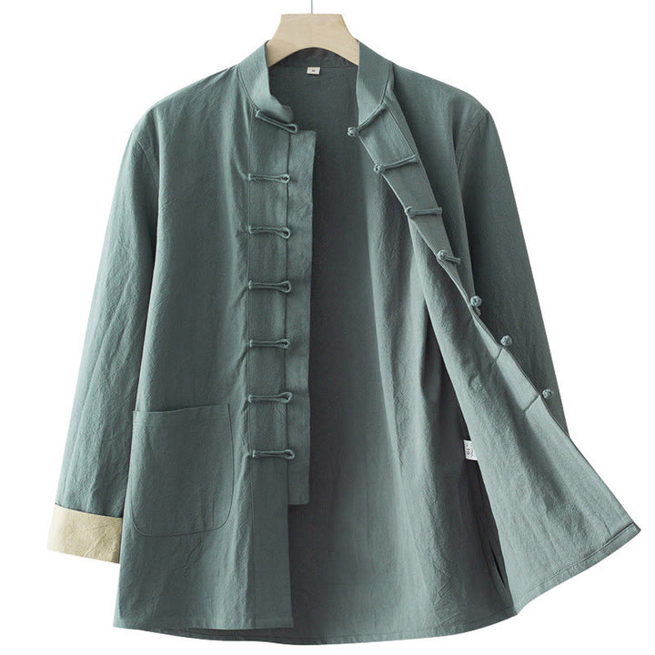 Buddha Stones Solid Long Sleeve Frog-Button Design Cotton Men's Shirt - image 3