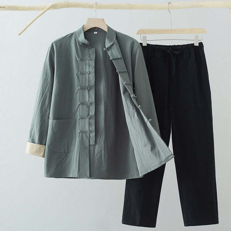 Buddha Stones 2Pcs Tang Suit Men's Frog-Button Cotton Long Sleeve Shirt Pants Set With Pockets - CadetBlue Shirt+Black Pants - US/UK/AU44,EU54 (4XL) - image 0