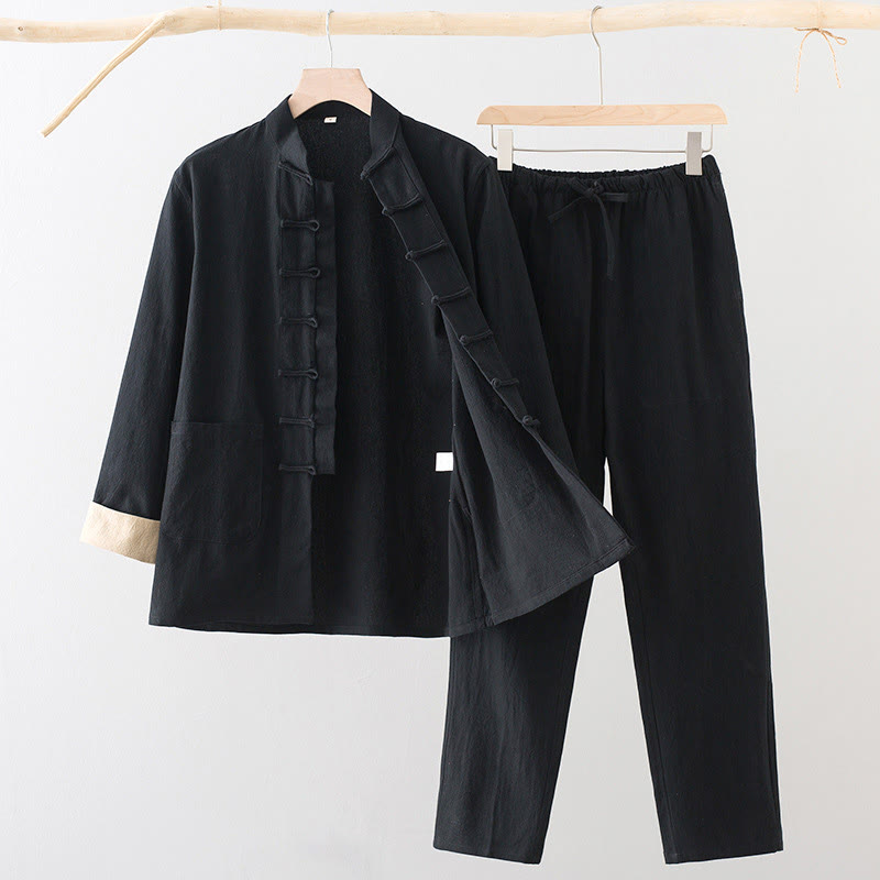 Buddha Stones 2Pcs Tang Suit Men's Frog-Button Cotton Long Sleeve Shirt Pants Set With Pockets - Black - US/UK/AU44,EU54 (4XL) - image 1