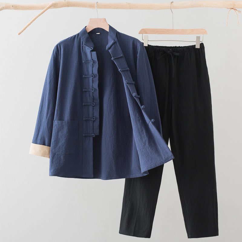 Buddha Stones 2Pcs Tang Suit Men's Frog-Button Cotton Long Sleeve Shirt Pants Set With Pockets - SteelBlue Shirt+Black Pants - US/UK/AU44,EU54 (4XL) - image 4