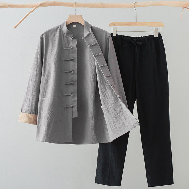 Buddha Stones 2Pcs Tang Suit Men's Frog-Button Cotton Long Sleeve Shirt Pants Set With Pockets - LightGrey Shirt+Black Pants - US/UK/AU44,EU54 (4XL) - image 16