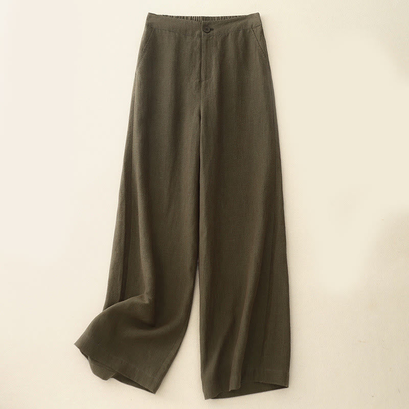 Buddha Stones Casual Plain Women's Cotton Linen Elastic Waist  Wide Leg Pants With Pockets - Olive - US8-10,UK/AU12-14,EU40-42 (2XL) - image 1