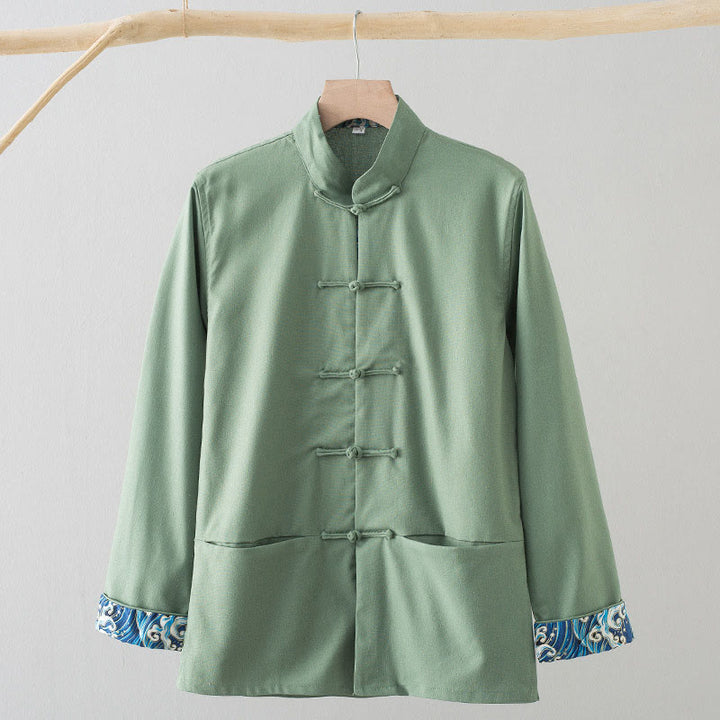 Buddha Stones Solid Embroidered Waves Long Sleeve Frog-Button Cotton Linen Men's Shirt - LightGreen - US/UK/AU44,EU54 (4XL) - image 0