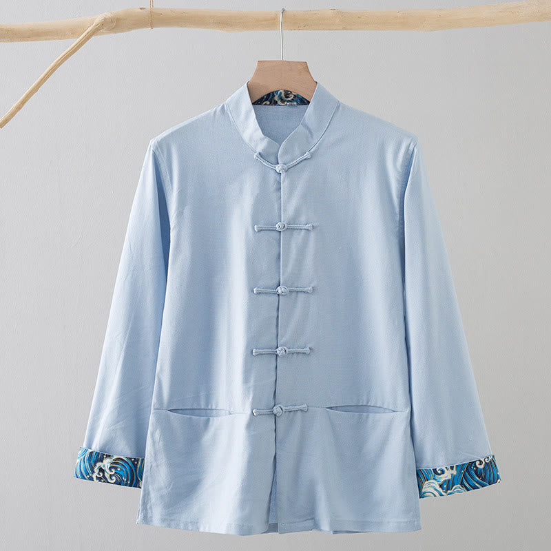 Buddha Stones Solid Embroidered Waves Long Sleeve Frog-Button Cotton Linen Men's Shirt - LightBlue - US/UK/AU44,EU54 (4XL) - image 15