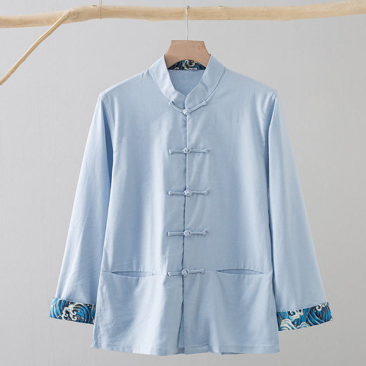 Buddha Stones Solid Embroidered Waves Long Sleeve Frog-Button Cotton Linen Men's Shirt - LightBlue - US/UK/AU44,EU54 (4XL) - image 15