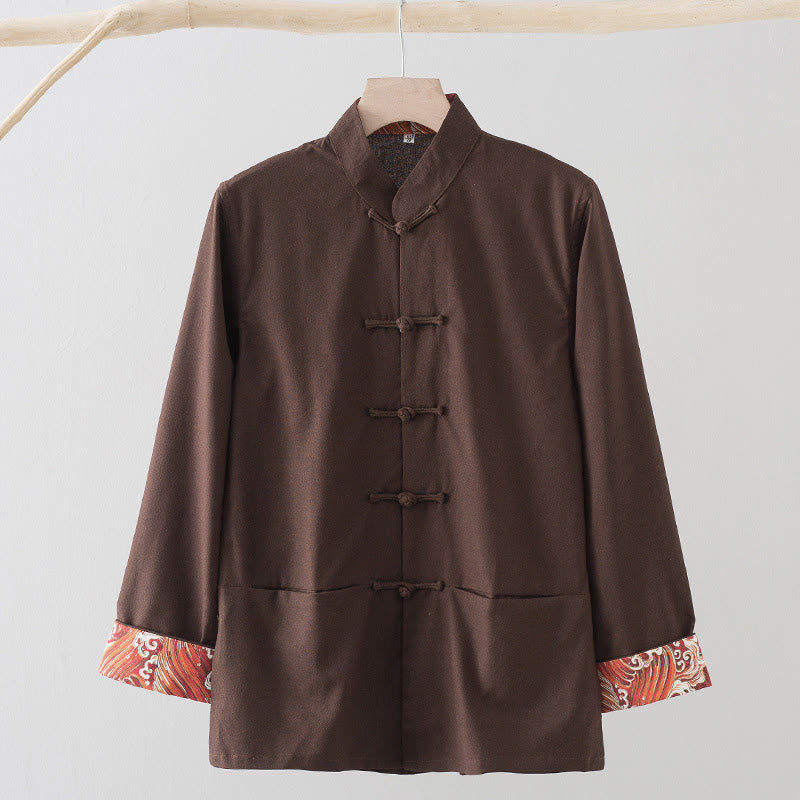 Buddha Stones Solid Embroidered Waves Long Sleeve Frog-Button Cotton Linen Men's Shirt - Sienna - US/UK/AU44,EU54 (4XL) - image 11