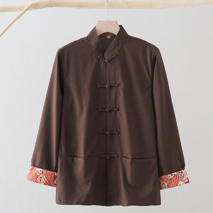 Buddha Stones Solid Embroidered Waves Long Sleeve Frog-Button Cotton Linen Men's Shirt - Sienna - US/UK/AU44,EU54 (4XL) - image 11