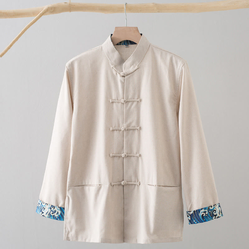 Buddha Stones Solid Embroidered Waves Long Sleeve Frog-Button Cotton Linen Men's Shirt - Beige - US/UK/AU44,EU54 (4XL) - image 14