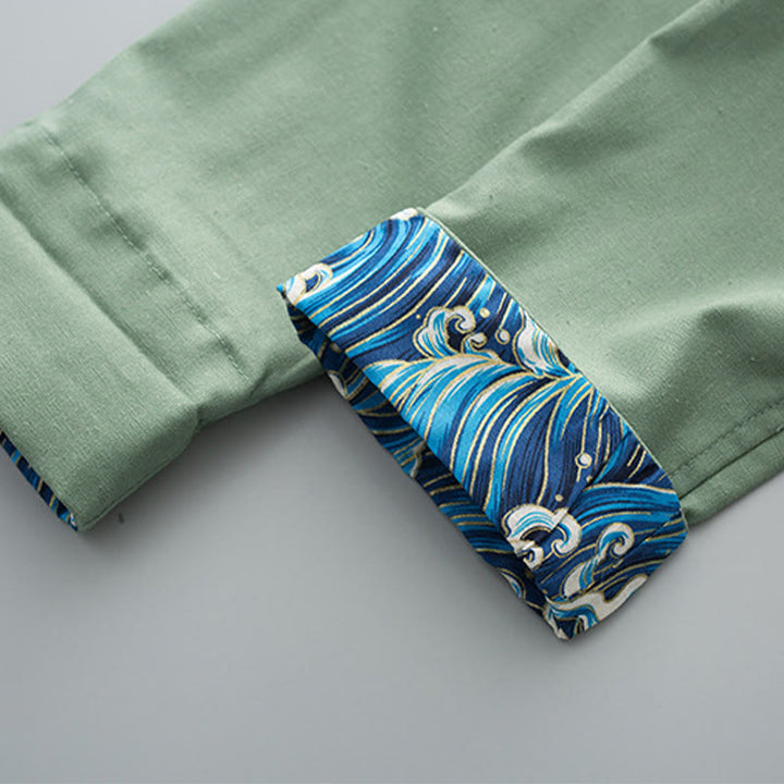 Buddha Stones Solid Embroidered Waves Long Sleeve Frog-Button Cotton Linen Men's Shirt - image 5