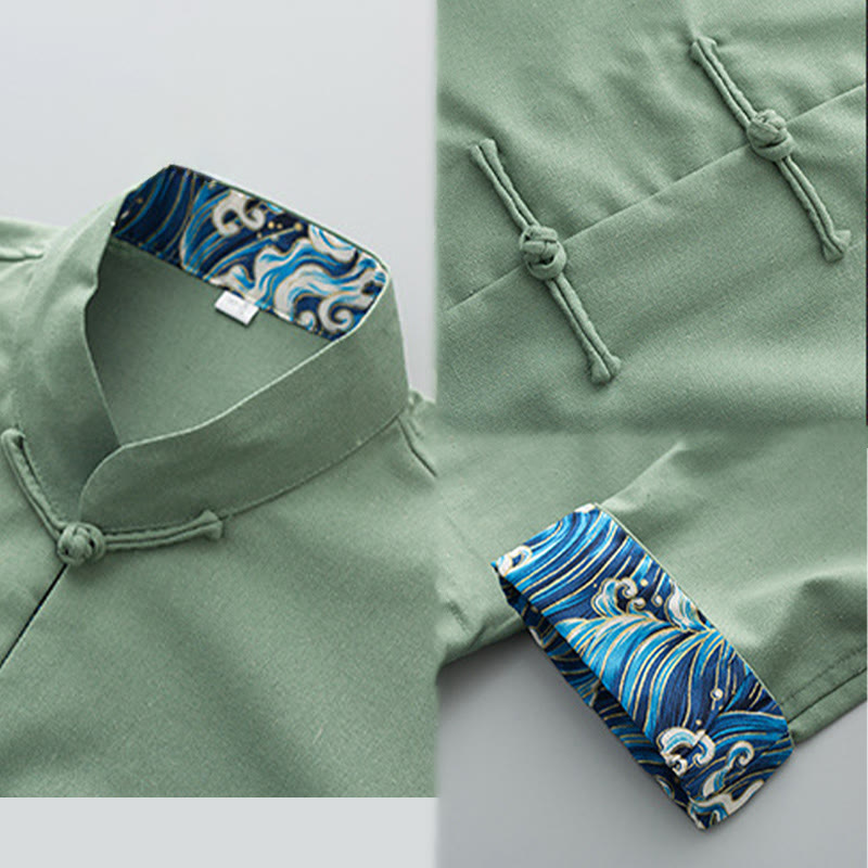 Buddha Stones Solid Embroidered Waves Long Sleeve Frog-Button Cotton Linen Men's Shirt - image 7