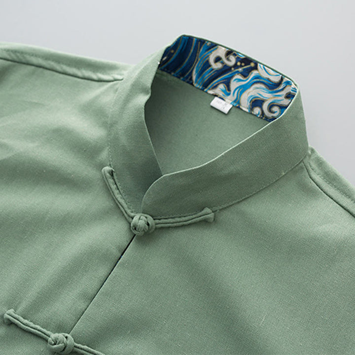 Buddha Stones Solid Embroidered Waves Long Sleeve Frog-Button Cotton Linen Men's Shirt - image 1