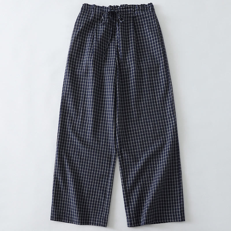 Buddha Stones Casual Plaid Pattern Women's Cotton Wide Leg Pants With Pockets - MidnightBlue - US8-10,UK/AU12-14,EU40-42 (2XL) - image 0