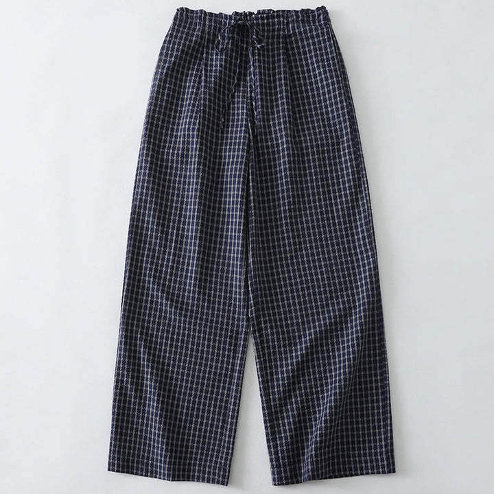 Buddha Stones Casual Plaid Pattern Women's Cotton Wide Leg Pants With Pockets - MidnightBlue - US8-10,UK/AU12-14,EU40-42 (2XL) - image 0
