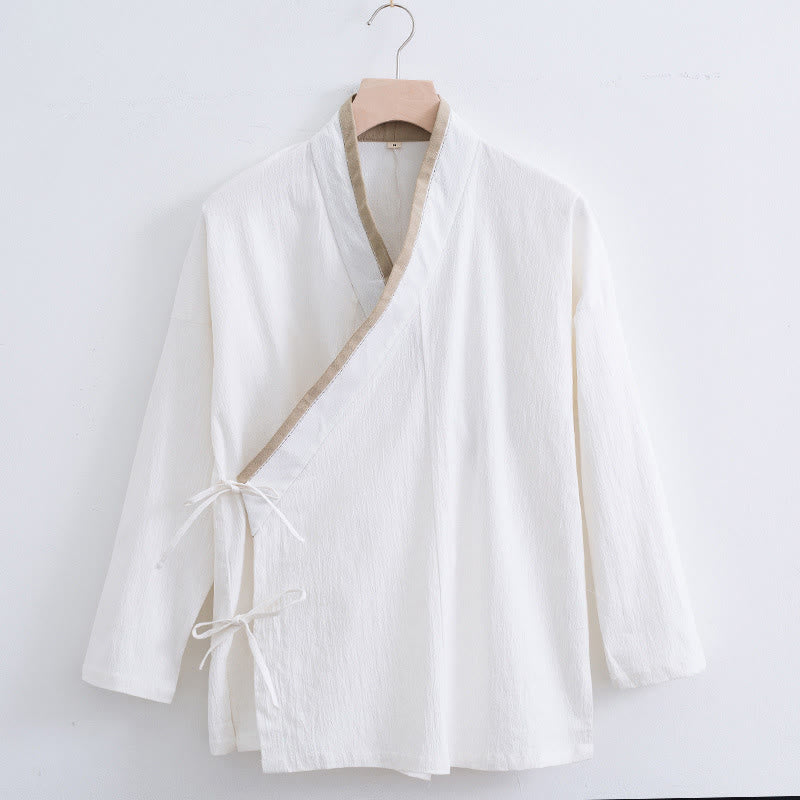 Buddha Stones Vintage Solid Long Sleeve Lace-up Design Cotton Linen Men's Shirt - White - US/UK/AU44,EU54 (4XL) - image 0