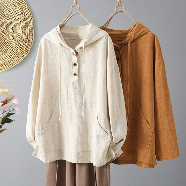 Buddha Stones Women's Plain Buttons Design Cotton Long Sleeve Hoodie With Pockets - image 12