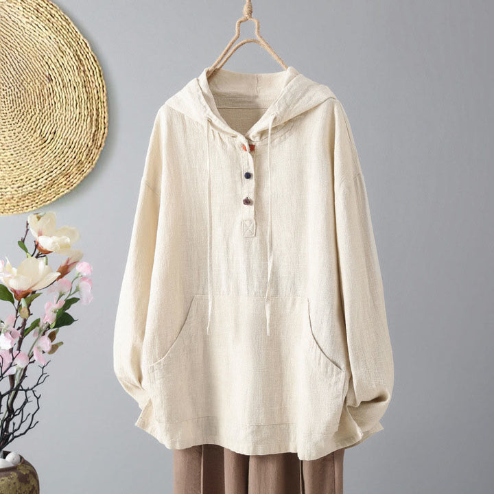 Buddha Stones Women's Plain Buttons Design Cotton Long Sleeve Hoodie With Pockets - Beige - US12,UK/AU16,EU44 (2XL) - image 0