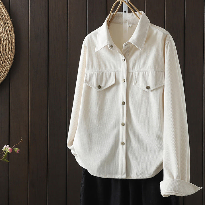 Buddha Stones Commute Plain Buttons Cotton Corduroy Women's Long Sleeve Shirt - FloralWhite - US8-10,UK/AU12-14,EU40-42 (2XL) - image 7