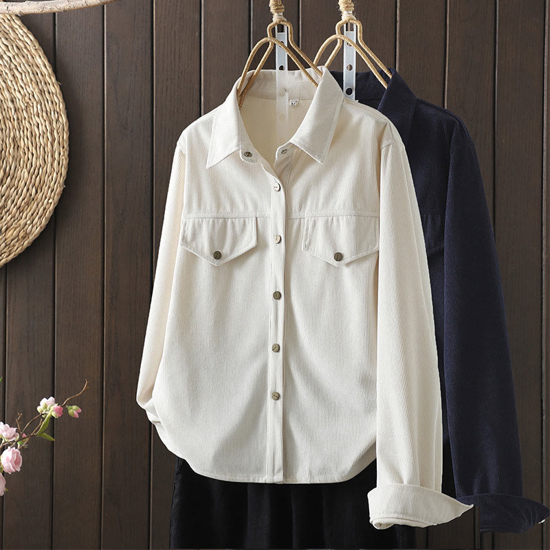 Buddha Stones Commute Plain Buttons Cotton Corduroy Women's Long Sleeve Shirt - image 17