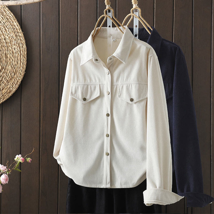 Buddha Stones Commute Plain Buttons Cotton Corduroy Women's Long Sleeve Shirt - image 17