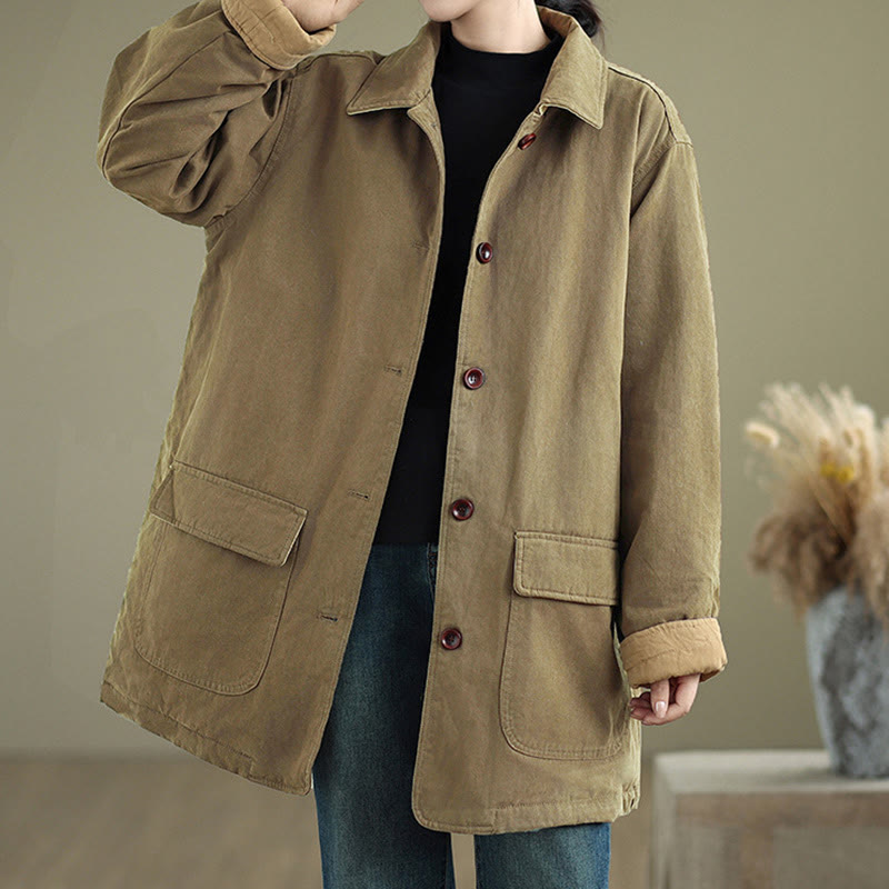 Buddha Stones Plain Lapel Buttons Design Women's Long Sleeve Quilted Cotton Jacket With Pockets - Olive - US12,UK/AU16,EU44 (XL) - image 15